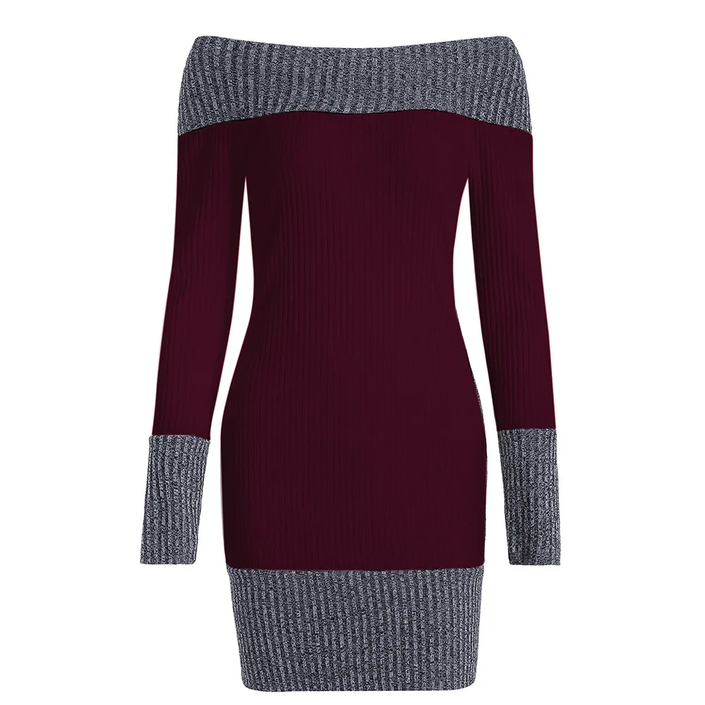 Женское трикотажное платье свитер с длинным рукавом и цветными блоками на