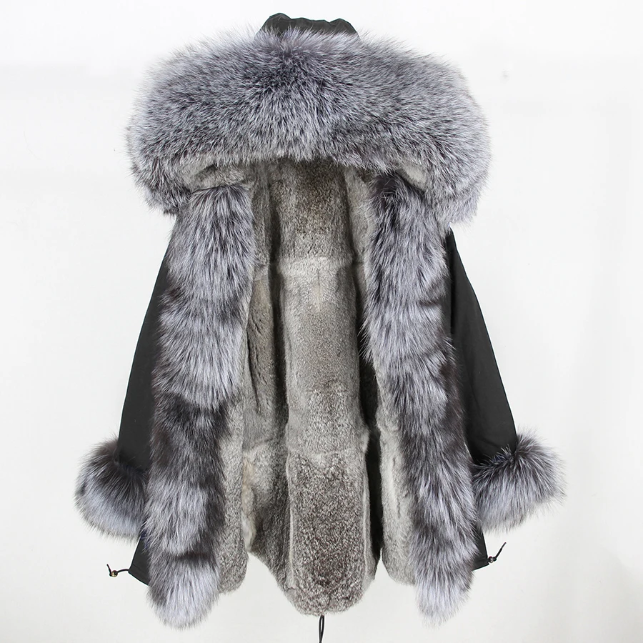 black silver Брендовое пальто из натурального меха, длинная парка, зимняя куртка, женские парки, натуральный мех енота, капюшон, подкладка из натурального кроличьего меха, роскошная уличная одежда - Цвет: black silver