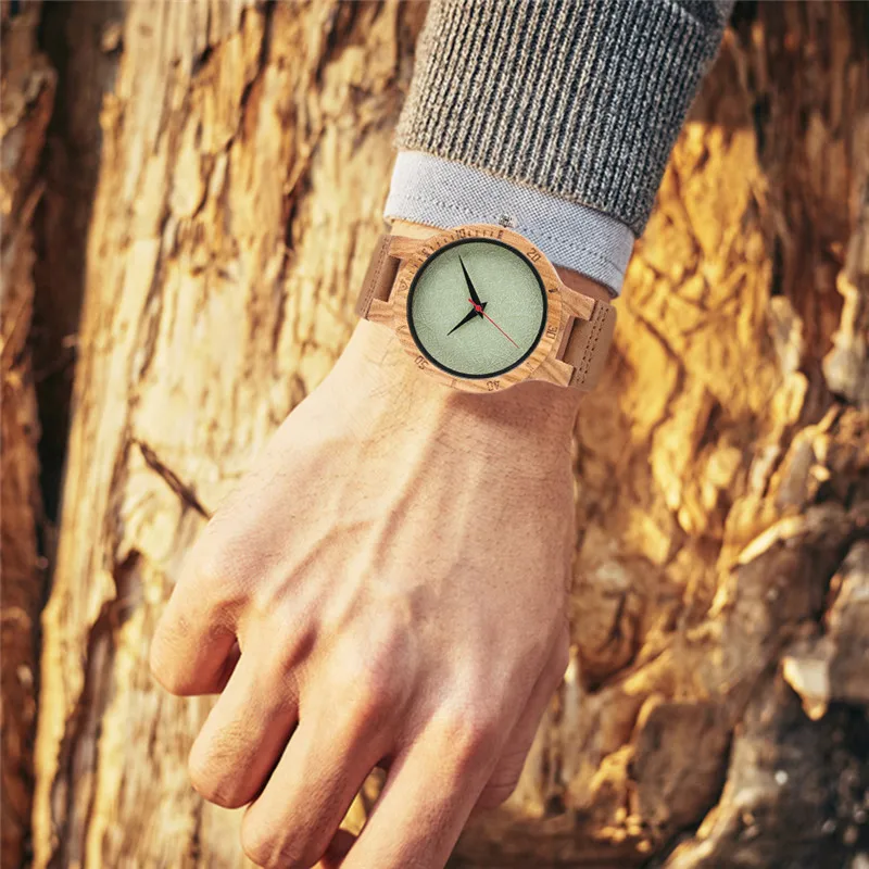 

Casual Wood Wristwatch Breezy Green Grass Dial Strip Case Genuine Leather Band Trendy Unisex Watch Simple Clock relogio feminino