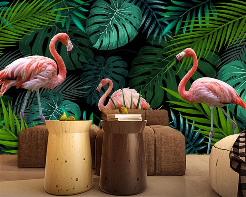 beibehang papel de parede Custom Wallpaper Wall Stickers Hand green drawn tropical rain forest flamingo Mural 3d wallpaper | Обустройство