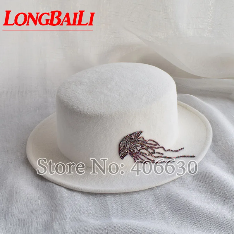

LongBaiLi Winter White Wide Brim Wool Felt Hats Women Flat Top Fedoras Chapeau Feminino Free Shipping SWDW079