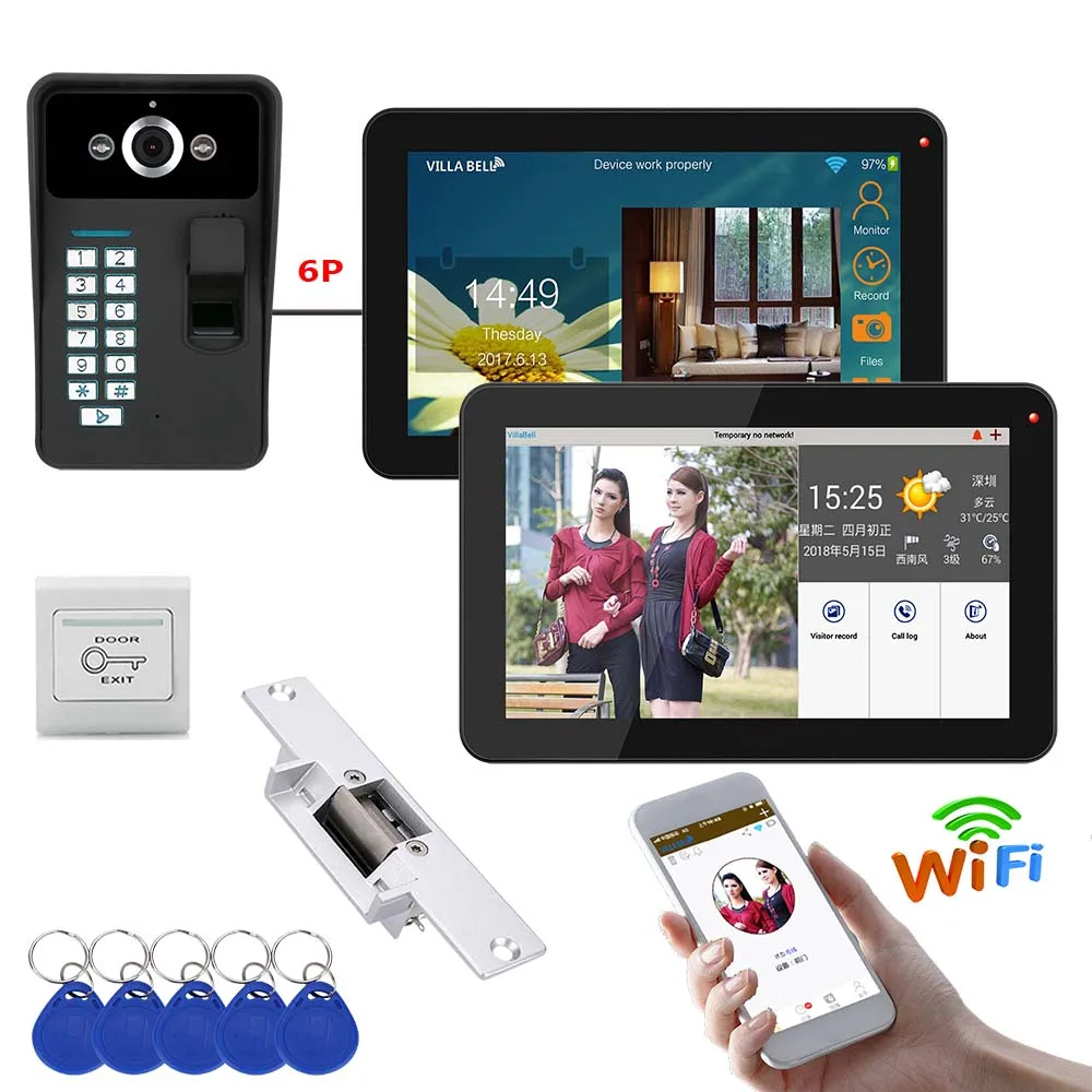 9 Inch 2 Monitoren Bedrade/Draadloze Wifi Rfid Wachtwoord Video Deurtelefoon Deurbel Intercom Systeem Met Elektrische Strike Lock