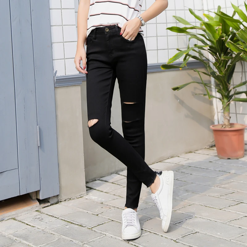 ZQLZ High Waist Ripped Autumn Jeans Women 2018 New Casual Elastic Black Denim Pencil Pants Woman Washed Ruched Trousers Mujer |