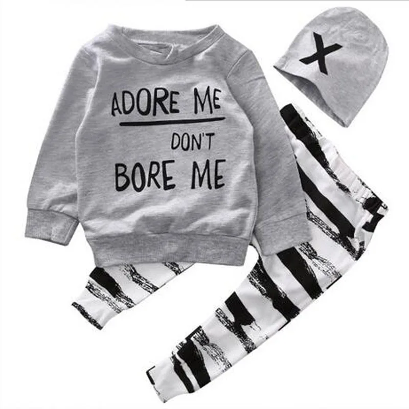 Autumn New Fashion Infant Baby Long Sleeve Print Suit Zebra Striped Pants+Gray Top Winter Clothing+X Design Hat | Детская одежда и