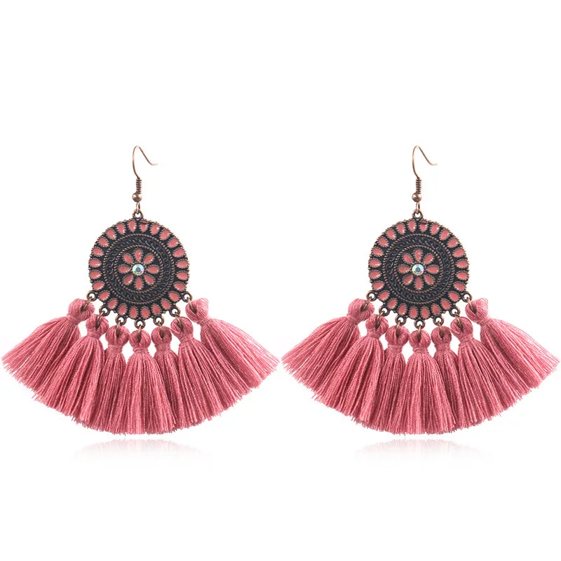 light pink Exknl, длинные висячие серьги с бахромой, Модные Винтажные висячие Цветочные богемные серьги для женщин, этнические, праздничные ювелирные изделия - Окраска металла: light pink