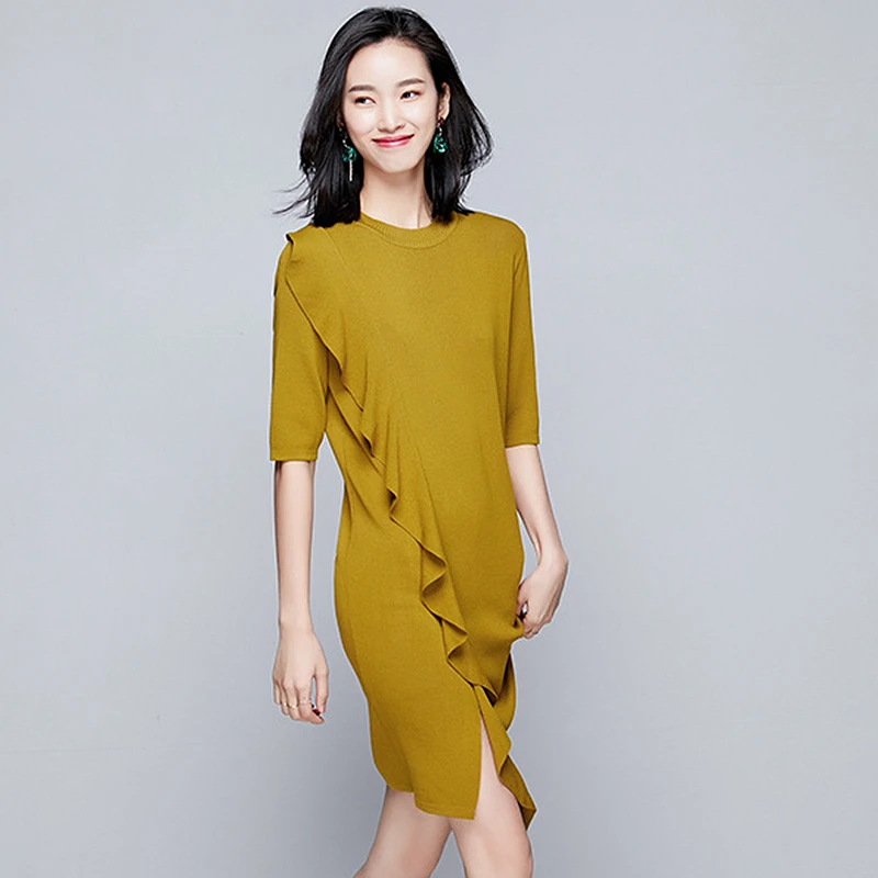 Knitted Dress Women 62% Viscose Blends Elastic Fabric O Neck Half Sleeve Ruffles 3 Colors Casual Straight Dress New Fashion 2018