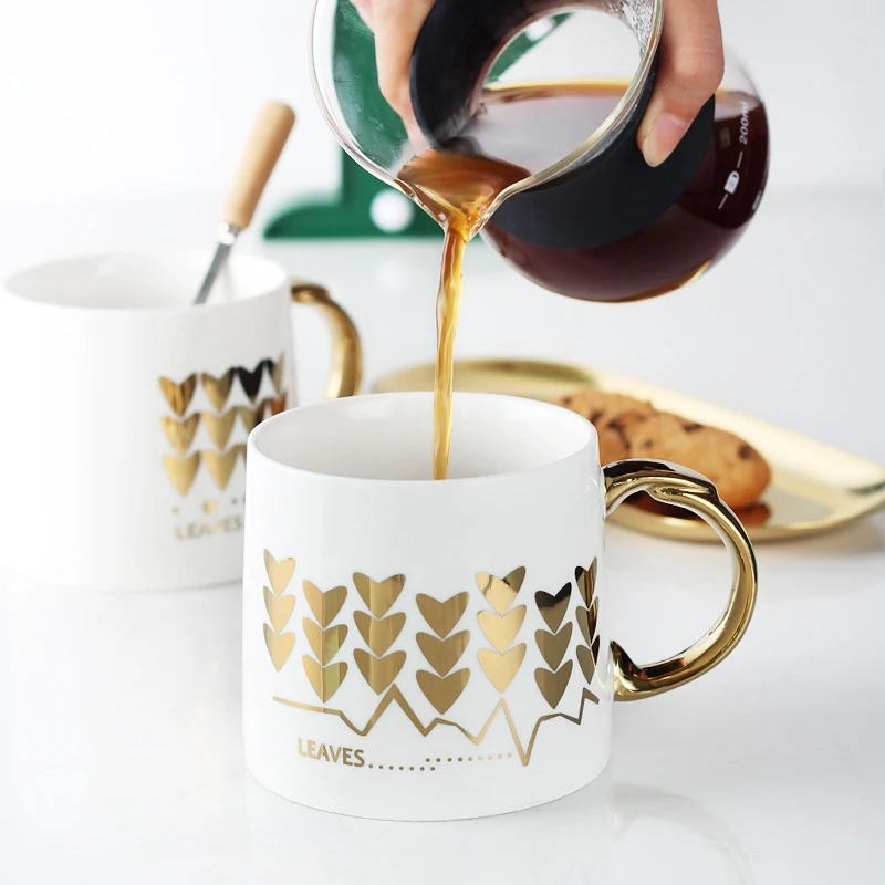 White Ceramic Coffee Mugs Gilding Leaves Water Cups with Handgrip Lid Brief Tea Mug Home Office Nordic Style | Дом и сад
