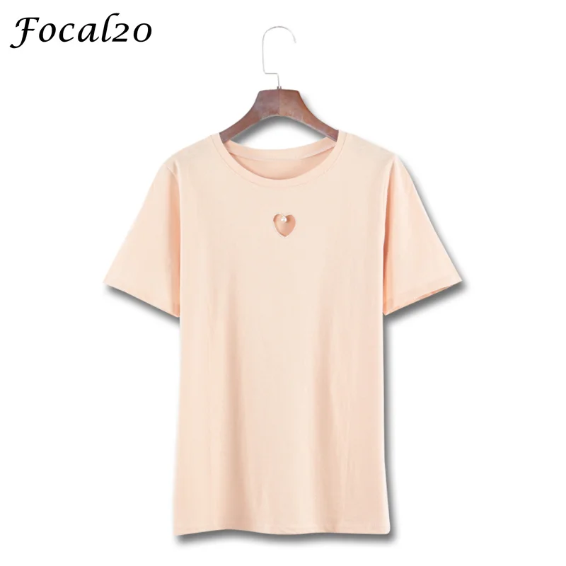 

Focal20 Cute Heart Hollow Out Women T-shirt Summer Short Sleeve Pearl Decoration T Shirt Tee Top Streetwear