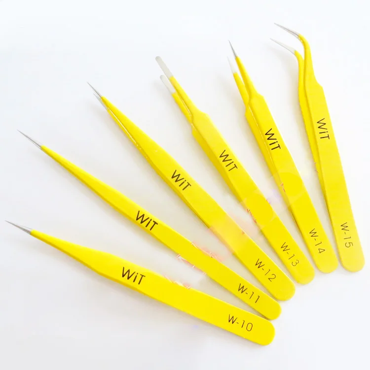 

NOVFIX 6pcs/set Yellow High Hardness ESD Anti-magnetic stainless Tweezers tools kit for WIT Repairing Clamping Tools