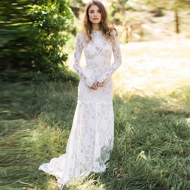 

Wedding Dresses Boho 2020 Long Sleeves Exquisite Lace Backless Chic Wedding Dress Robe De Mariage Bridal Gowns