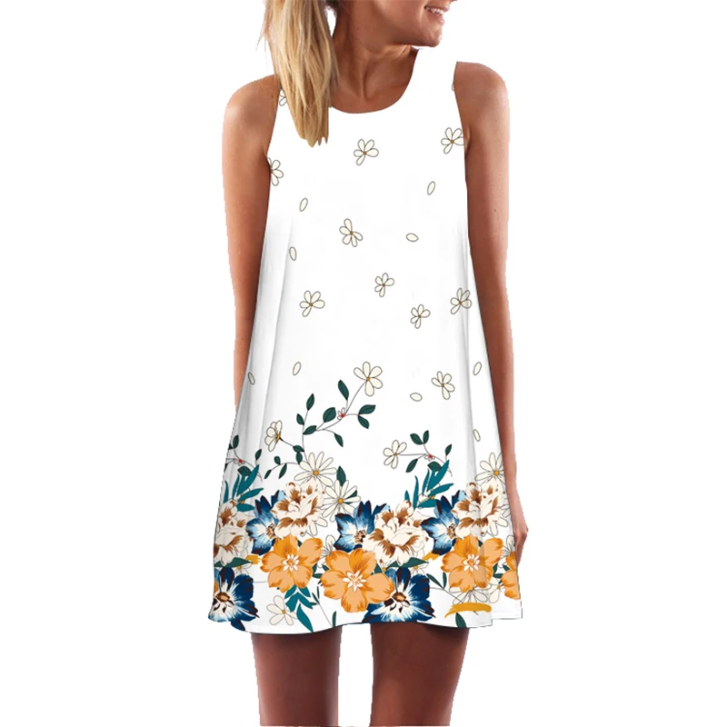 RAISEVERN Women Summer Dress Plus Size Loose 3D Leaf Unicorn Sleeveless Beach Style Ladies New Casual Roun Neck Vestidos | Женская