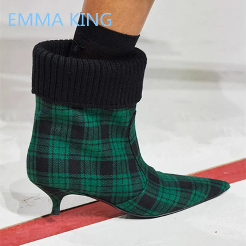 

2019 Runway New Gingham Low Heels Women Ankle Boots Pointed Toe Slip On Knitted Designer Shoes Woman Autumn Winter Martin Boots