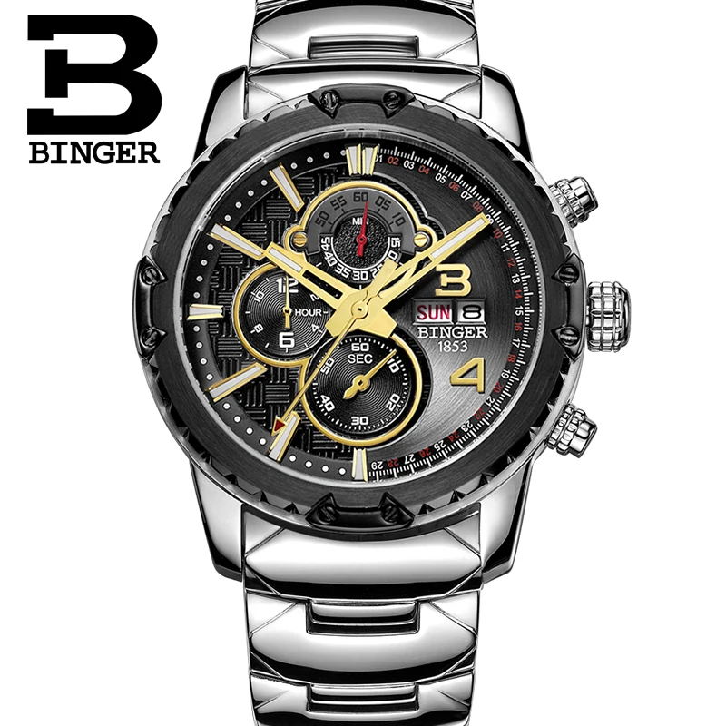 Мужские наручные часы BINGER из натуральной швейцарской стали сапфировый военный