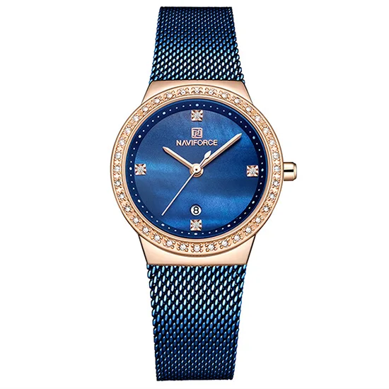 Rose Gold Blue Роскошные женские наручные часы со стразами топ Фирменная Новинка NAVIFORCE сетки сталь кварцевые наручные часы женские календари творческий дизайн Reloj Mujer - Цвет: Rose Gold Blue