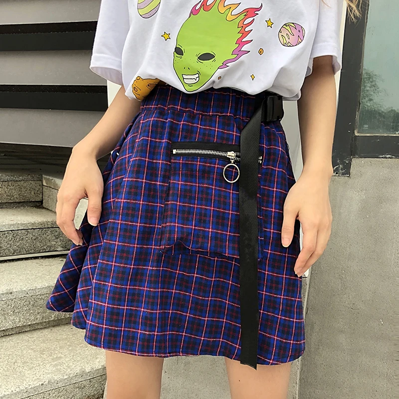 Harajuku юбка женская клетчатая с карманом Высокая талия Sweetwear гранж Стиль