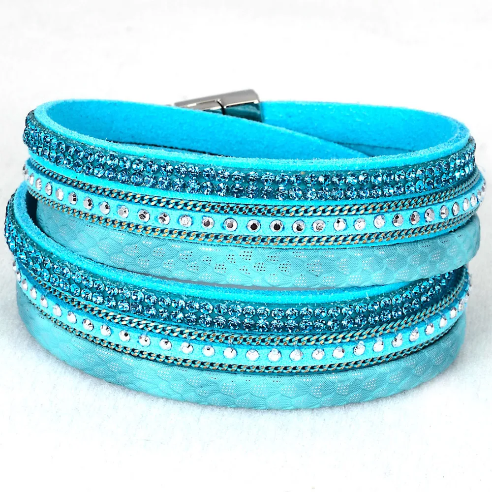 Женский кожаный браслет с двойной металлической цепочкой и кристаллами|wrap leather