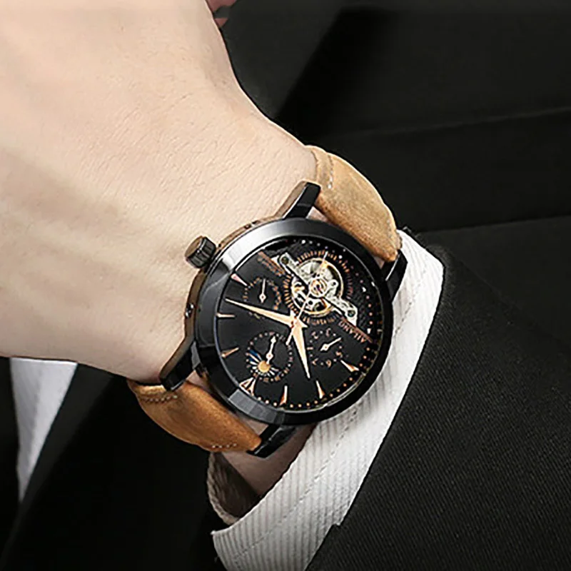 Классические мужские часы Tourbillon полностью Стальные наручные с автоподзаводом