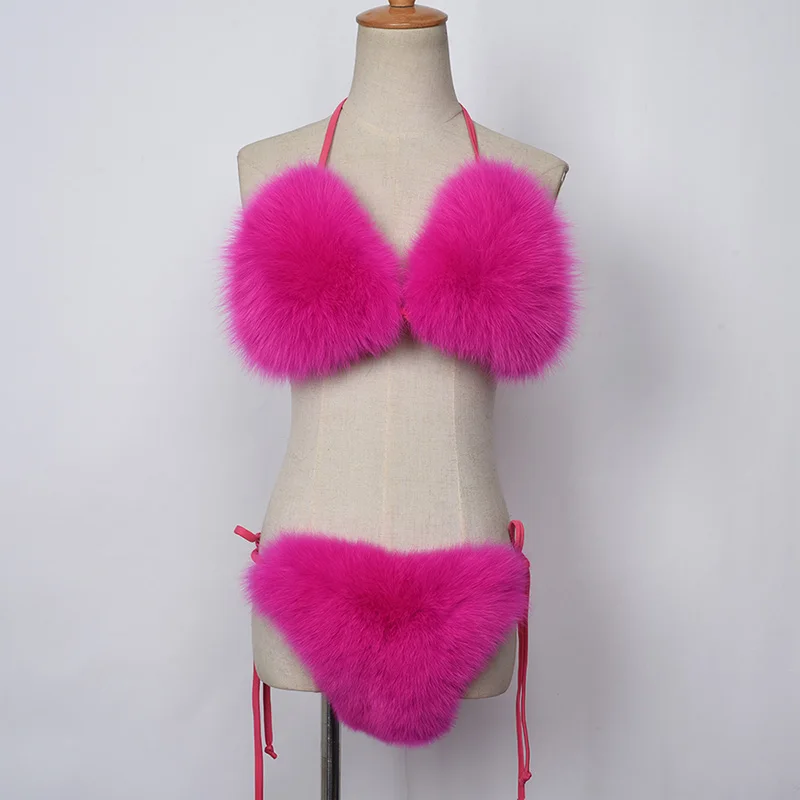 Hot Pink Новинка, Модный женский бюстгальтер бикини из натурального Лисьего меха, летнее пляжное нижнее белье, съемный Толстый Пушистый комплект бикини из натурального меха S7549 - Цвет: Hot Pink