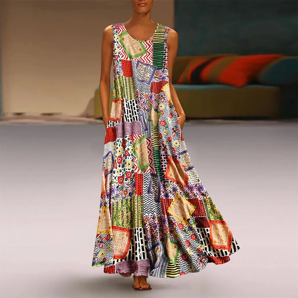 Пляжное платье без рукавов летнее пляжное в стиле пэчворк женское винтажное с