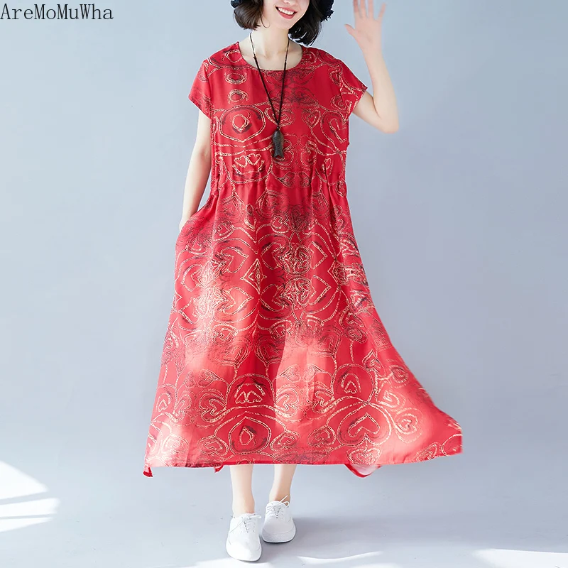 Женское летнее платье большого размера с принтом и высокой талией|Женские
