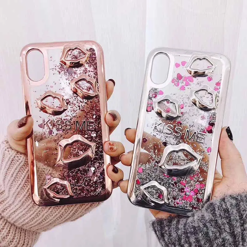 JIBAN 3D Cartoon Lips Glitter KISS ME letter Phone Case for iphone 5 SE Luxury Soft TPU Plating X 6 6s 7 8 plus |