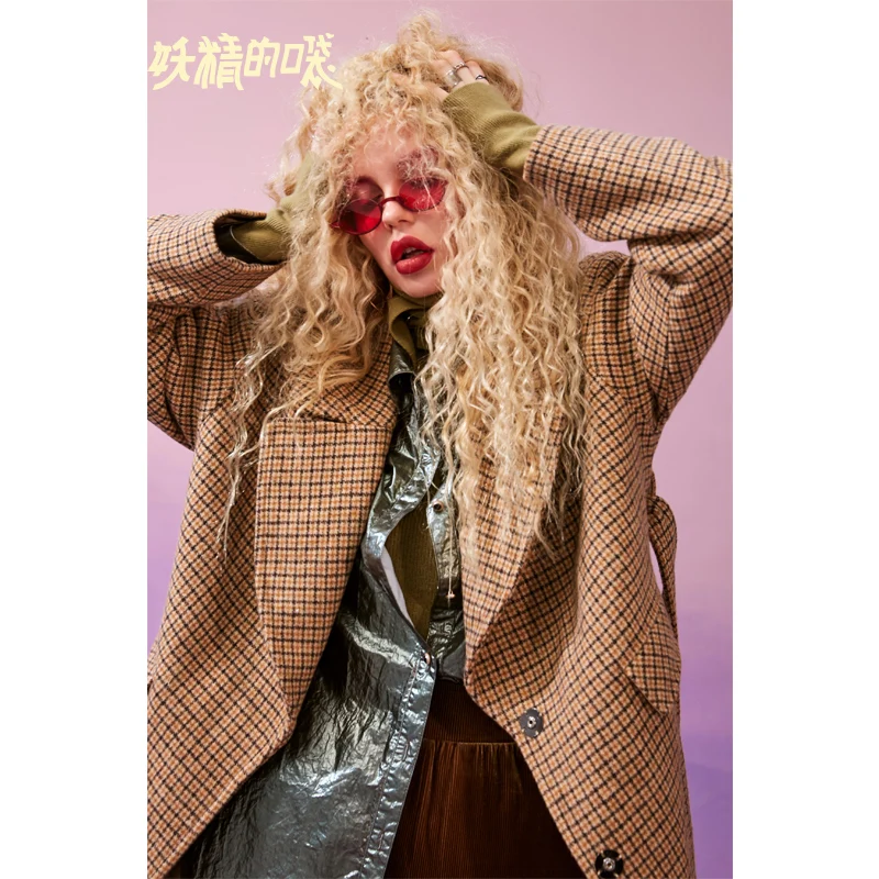 ELFSACK клетчатое шерстяное пальто с отложным воротником женские элегантные куртки