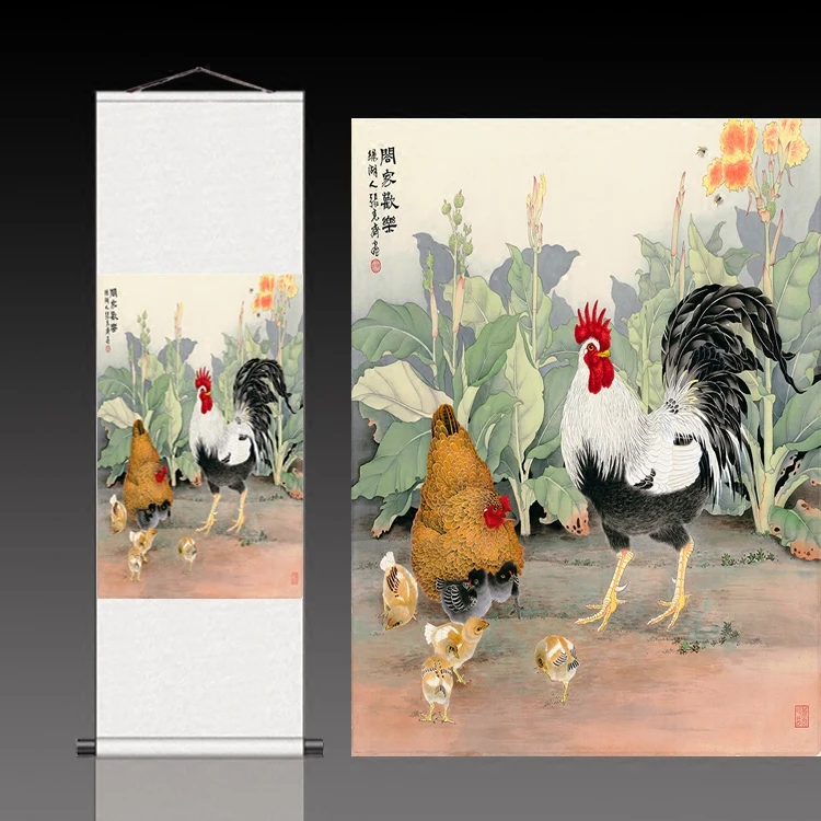 Семейные счастливые картины с курами, шелковая каллиграфия, великое богатство, удача, домашнее украшение, висячие картины.
