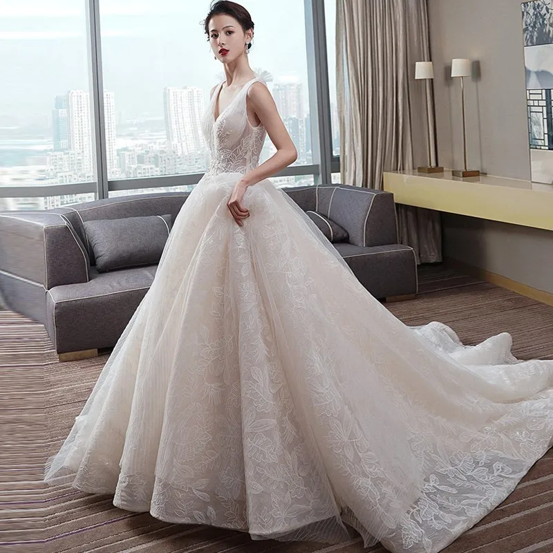 Свадебное платье с глубоким v-образным вырезом Vestido De Noiva Princesa фатиновое кружевное