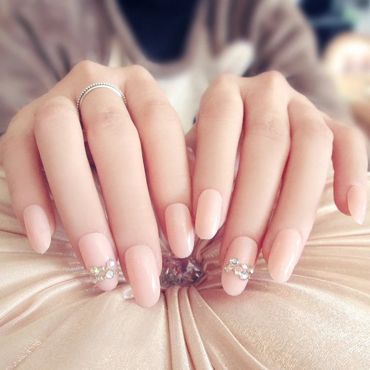 Накладные ногти телесный цвет розовый бриллиант 3D простой дизайн ногтей