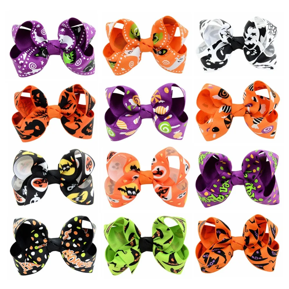 

3,15 дюймов Хэллоуин Grosgrain ленты банты с зажимом 12 шт./лот призрак тыква Pinwheel заколки для волос шпильки аксессуары 751