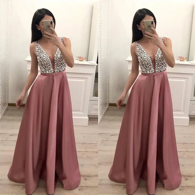 

Sexy V-neck Prom Dresses Long Pink Satin Sequins Beaded 2019 New Vestido De Formatura Longo Formal Party Dresses