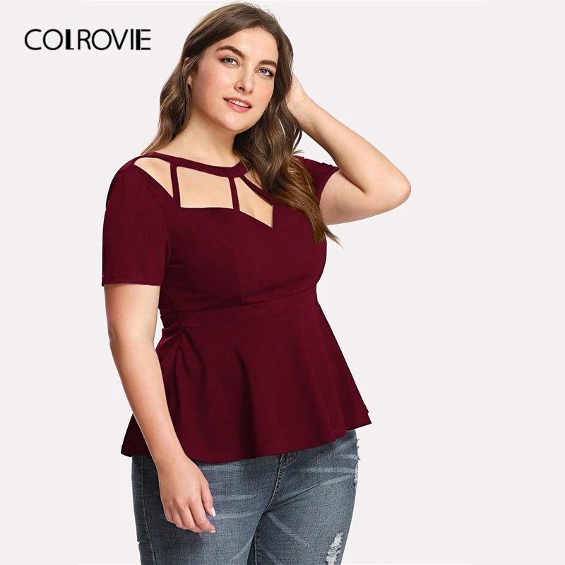 COLROVIE размера плюс, бордовая, с вырезами, облегающая, одноцветная, с баской, топ, блузка, рубашка для женщин, лето, короткий рукав, для офиса, женские блузки