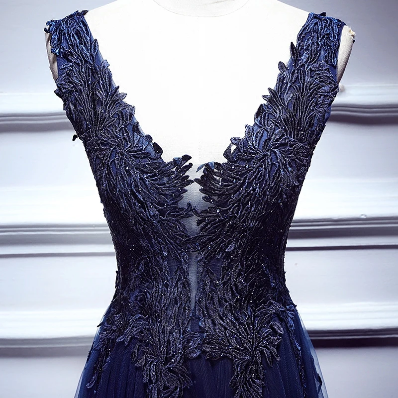 2020 Vestido De Festa Sexy Navy Blue Evening Dresses V Neck Sleeveless Appliques Party Gowns Women Formal | Свадьбы и торжества