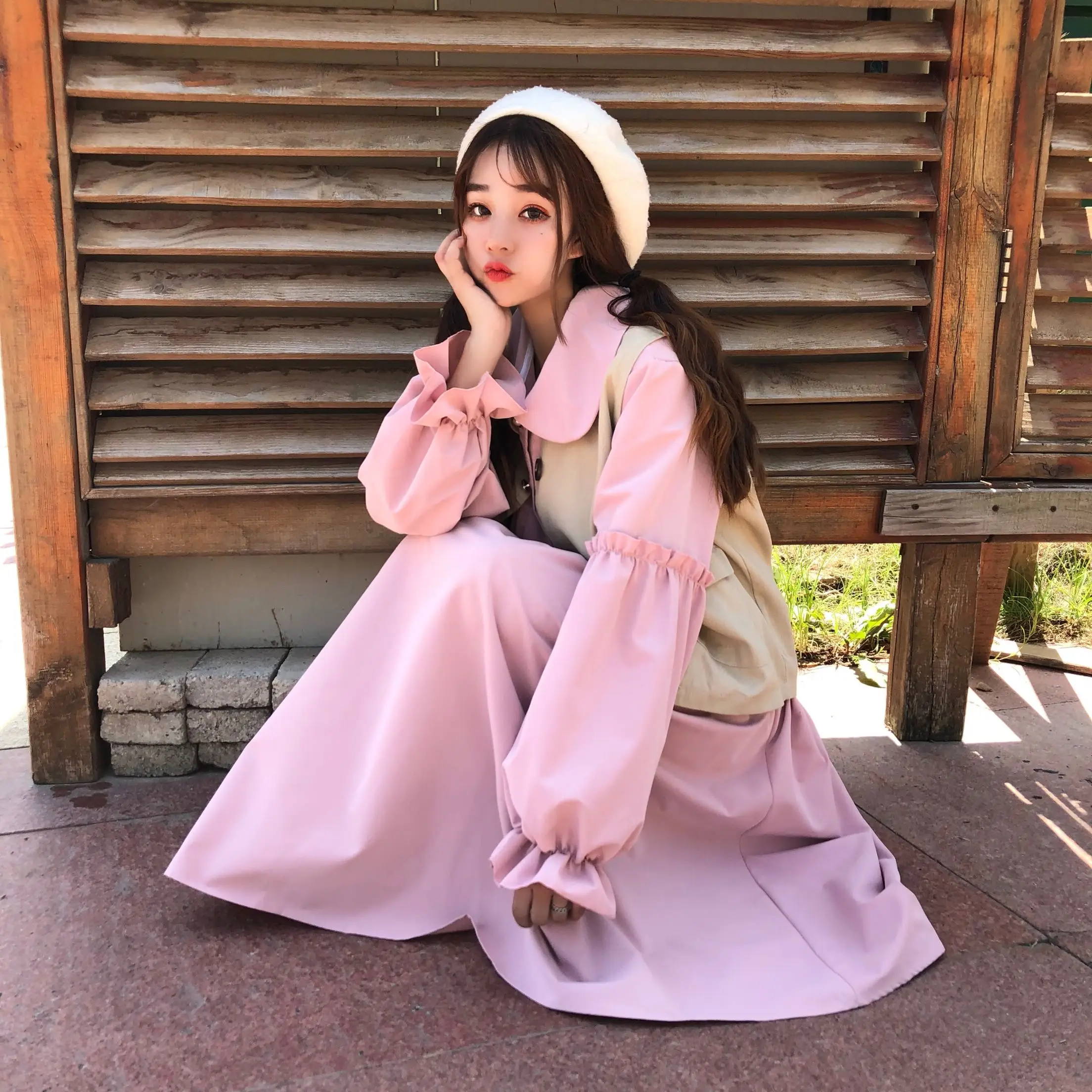 Корейское милое женское розовое платье японский Питер Пэн воротник Kawaii оборки