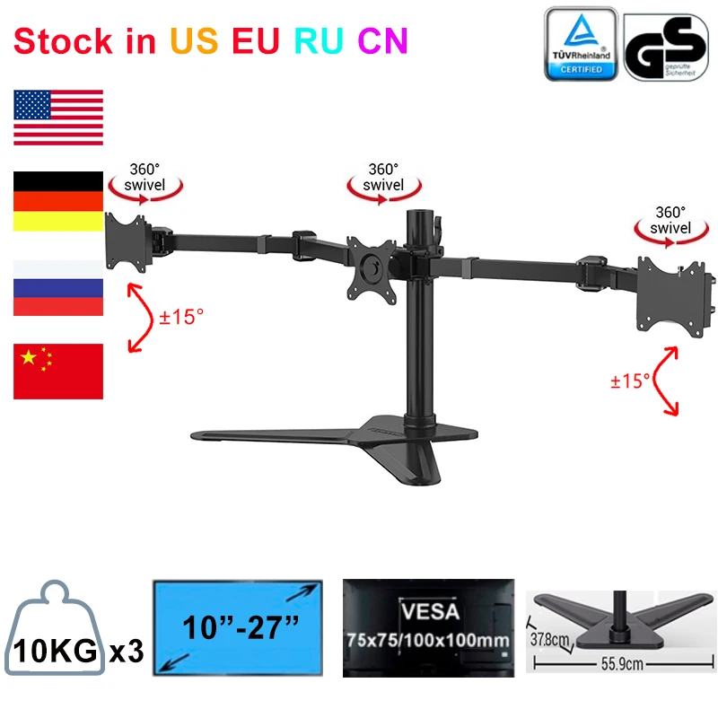 

Desktop Triple LCD Monitor Three Hex LCD Arm Monitor Mount Stand Adjustable 3 Screens Fit for 10"-27" Max Support 10KG Per Arm