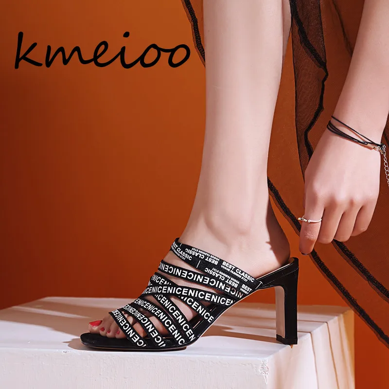 Kmeioo/2018 г. босоножки женские шлепанцы на высоком каблуке с открытым носком
