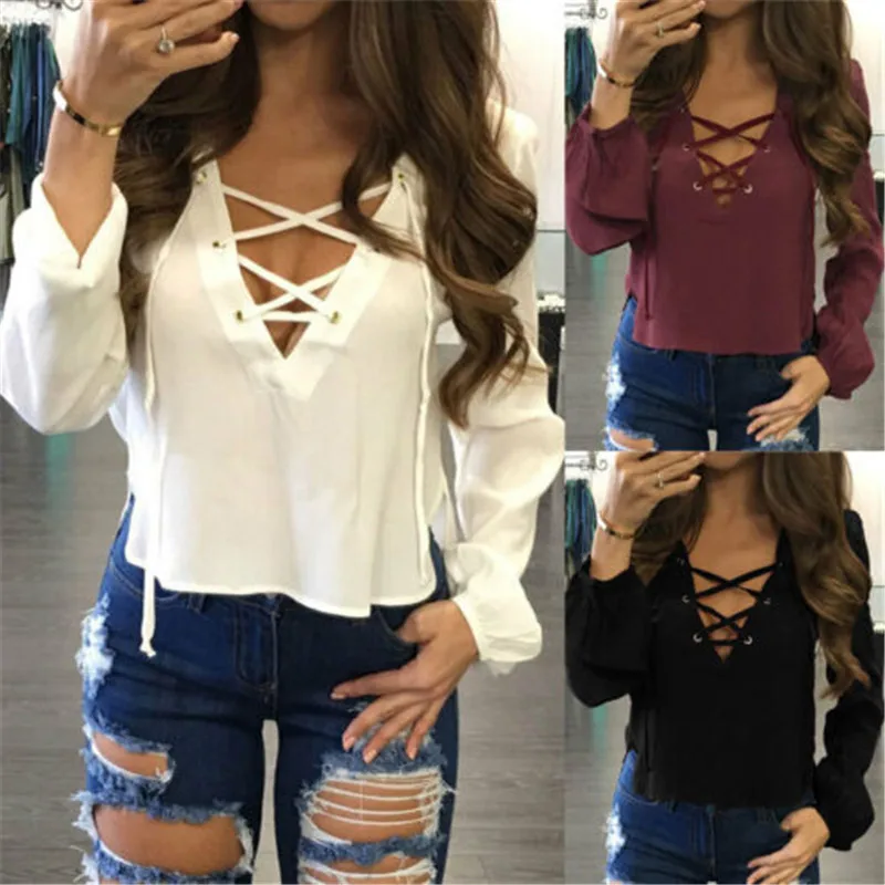 

Sexy Women Ladies Long Sleeve Loose Casual Blouse Summer Autumn V Neck Solid Casual Shirt Lace Up Tops Elegant Woman Chic Blouse