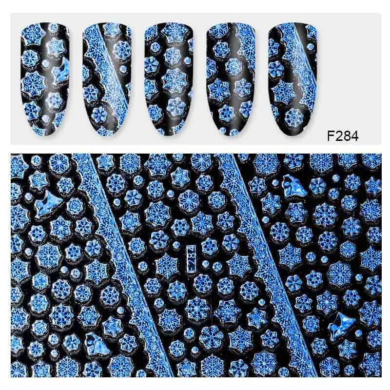 Blue F284 1 лист, 3D наклейки для ногтей, рождественский снежинка, снежный дизайн, клей для рукоделия, наклейки для ногтей, украшения для ногтей, сделай сам, маникюр - Цвет: Blue F284