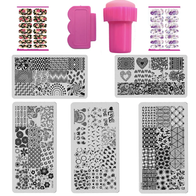 XYP Series 9PCS Nail Stamping Plates Set Kits Lace Flower Pattern Stainle Art Templates+Stamper+Scraper Beauty+nail sticker | Красота и