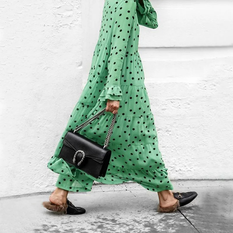 fall new deep V collar long sleeve dot print big swing loose long dress