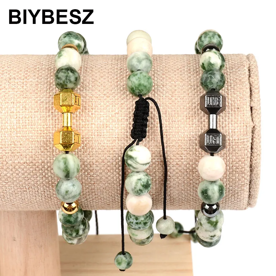 Шарм гантели регулируемые кольцеобразные Браслеты 8 мм натуральный зеленый