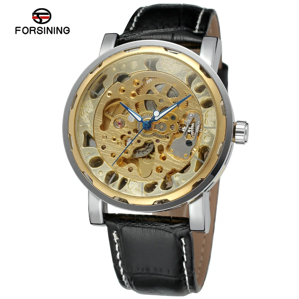

Forsining Men's Watch Hot Selling New Design Automatic Black Leather Strap Fashion Skeleton Wristwatch Color Gold FSG8109M3