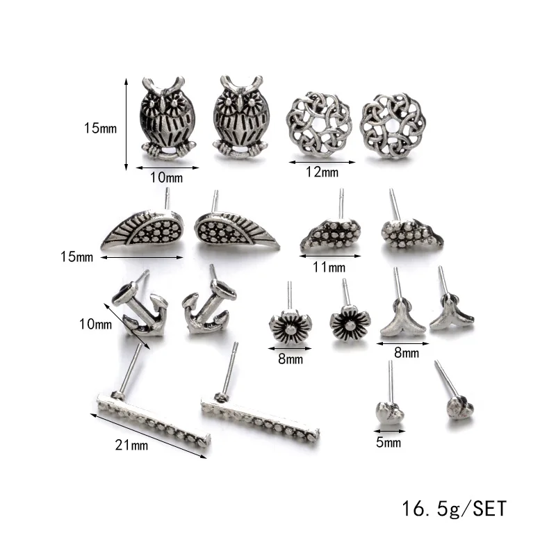 9 пар/группа женские античные серебряные серьги цветок сова в форме сердца якорь