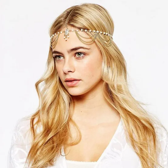 2019 New Fashion Boho Gold Color Elegant Arificial Pearl Chail Tassel Head Chain Headdress Hairband Pieces Hair Jewelry Women | Украшения и