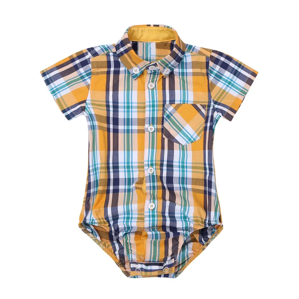 Infant Cute Baby Boys Girls Romper Short Sleeves Lapel Plaid Summer Adorable Shirt Rompers Jumpsuit Unisex Newborn Baby Clothes