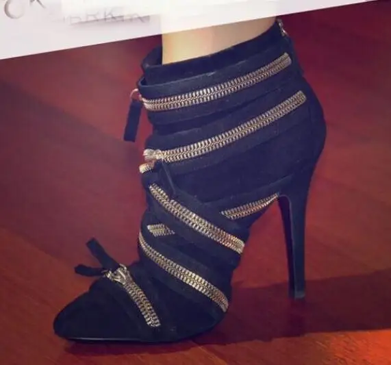 

Hot Fashion Sexy Europe And America Black Flock Ankle Shoes Pointed Toe Zip Wmen;s Shoes Thin Heels 10cm Big size Women's Boots