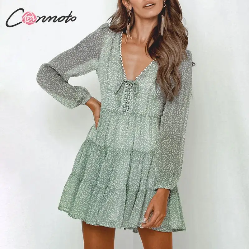 Conmoto Шифоновое зелёное платье со шнуровкой элегантное зимнее повседневное
