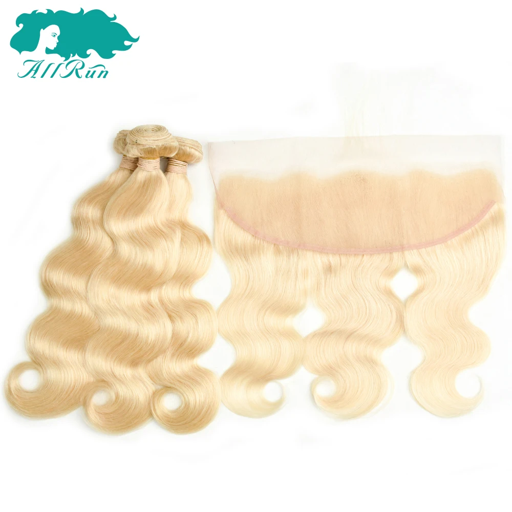 AllRun бразильских волос 613 Связки с закрытием Мёд блондинка Remy волна 2/3 натуральные