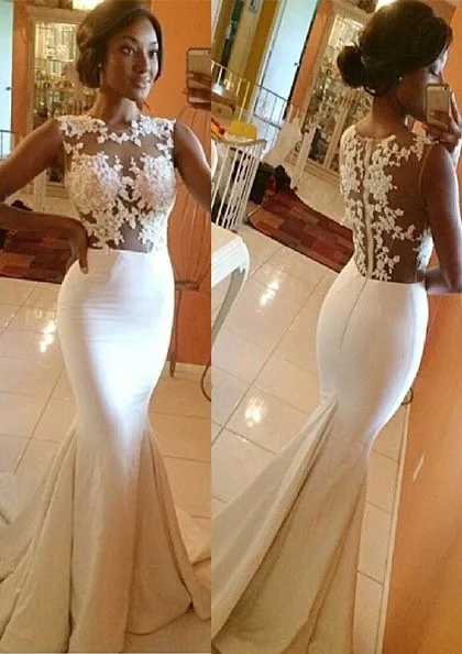 

Elastic Satin Prom Dress Ivory Trumpet/Mermaid Bateau Sweep Train With Appliqued White Lace Evening Gown