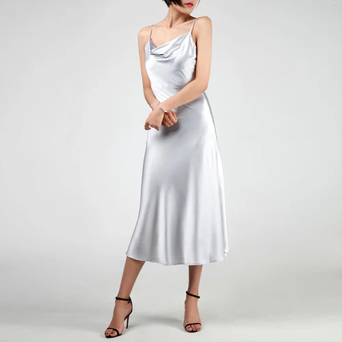 silver wide hem Индивидуальные натуральные шелковые платья с воротником-хомутом, одноцветные Сексуальные вечерние платья из шелка, классическое розовое серое длинное платье из натурального шелка - Цвет: silver wide hem